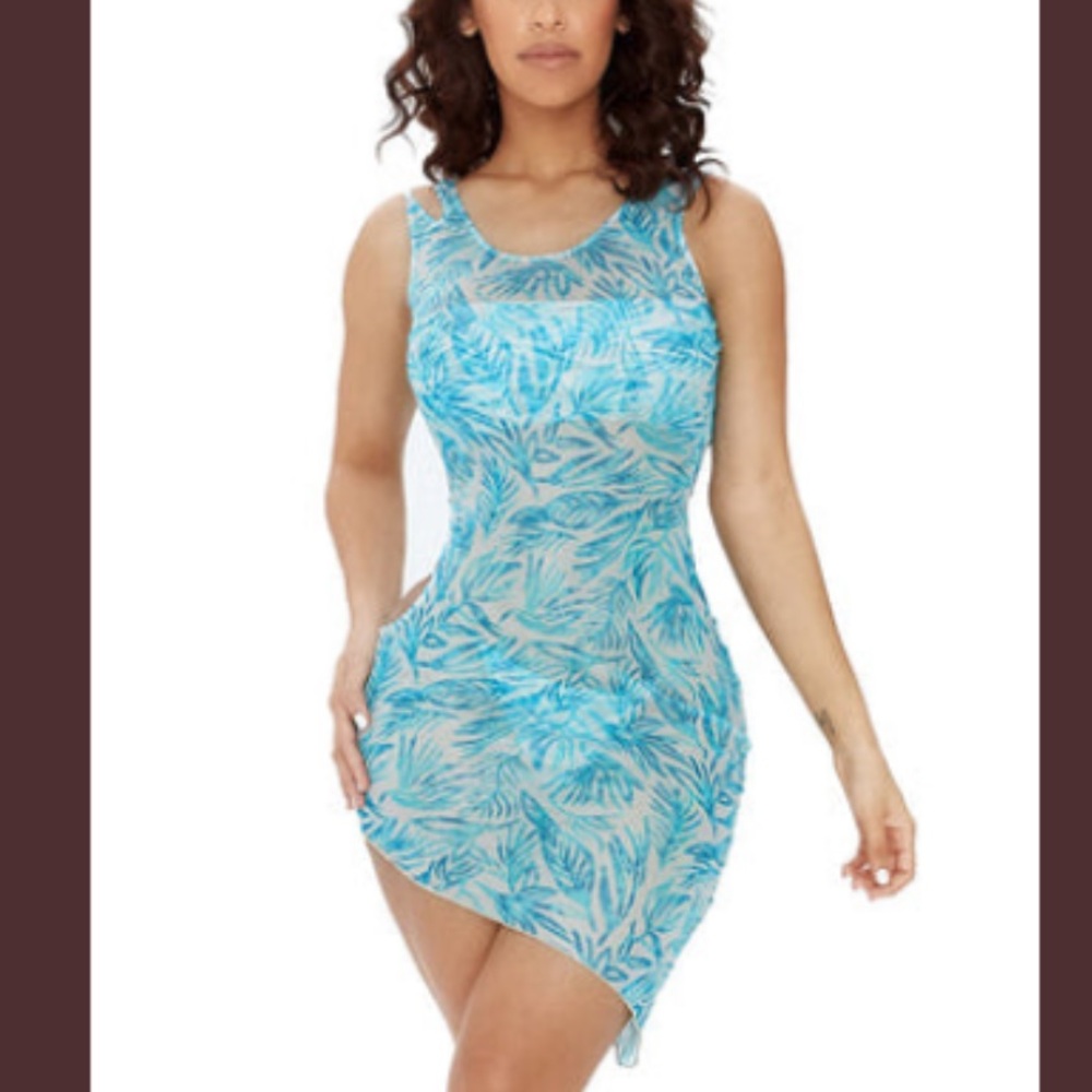 3-piece palm leaf print bikini and coverup with cut out detailing